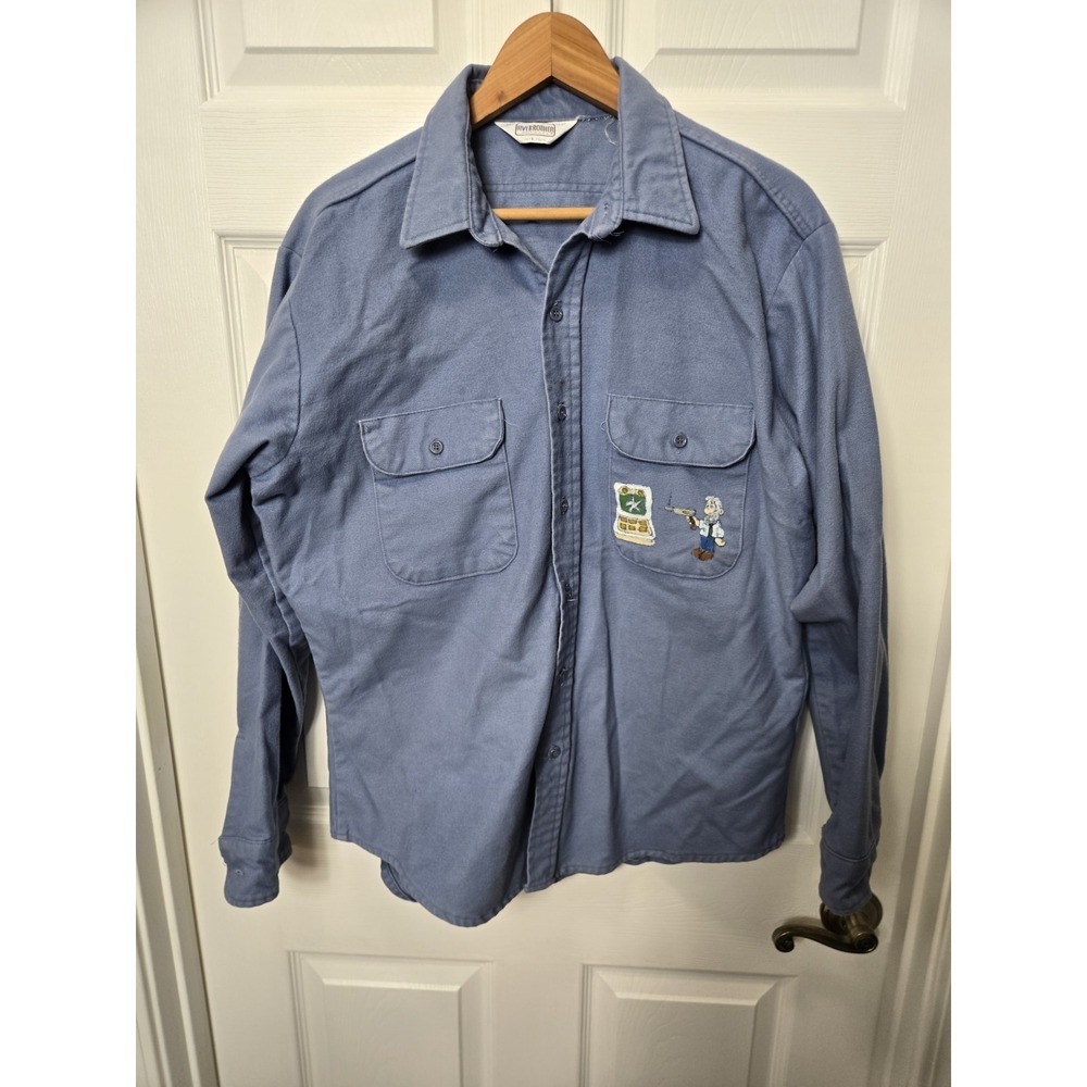 Five Brother Flannel Button Shirt Mens Large Blue Custom Pocket Art Vintage Y2K
